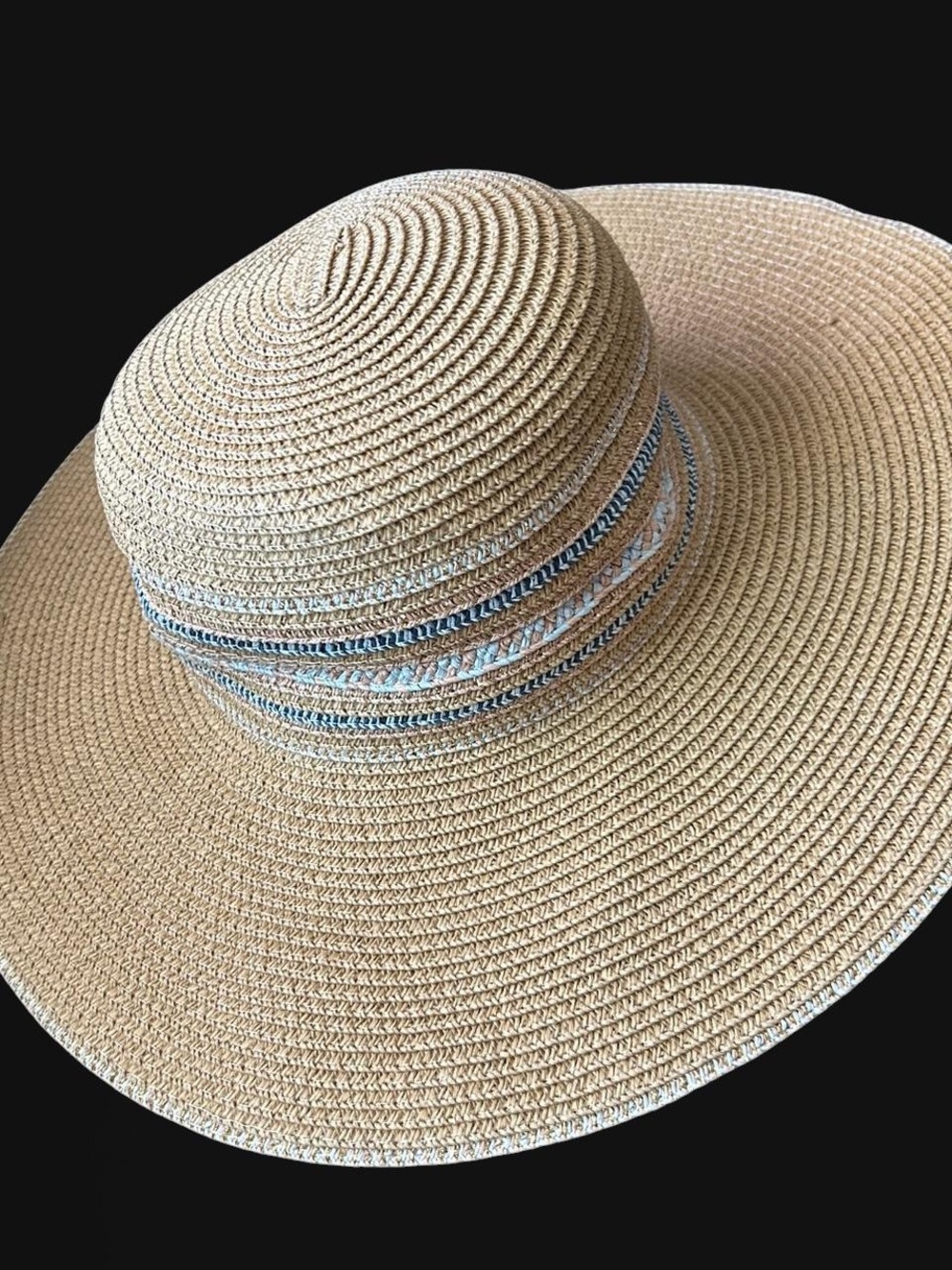 Boho Nordstrom Tan Straw Sun Hat with Blue and Cream Trim - Women Accessories